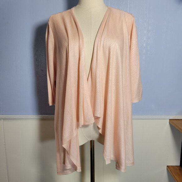 Elle XXL Light Baby Pink Open Waterfall Back Crocheted Scalloped Light Cardigan - Picture 1 of 11